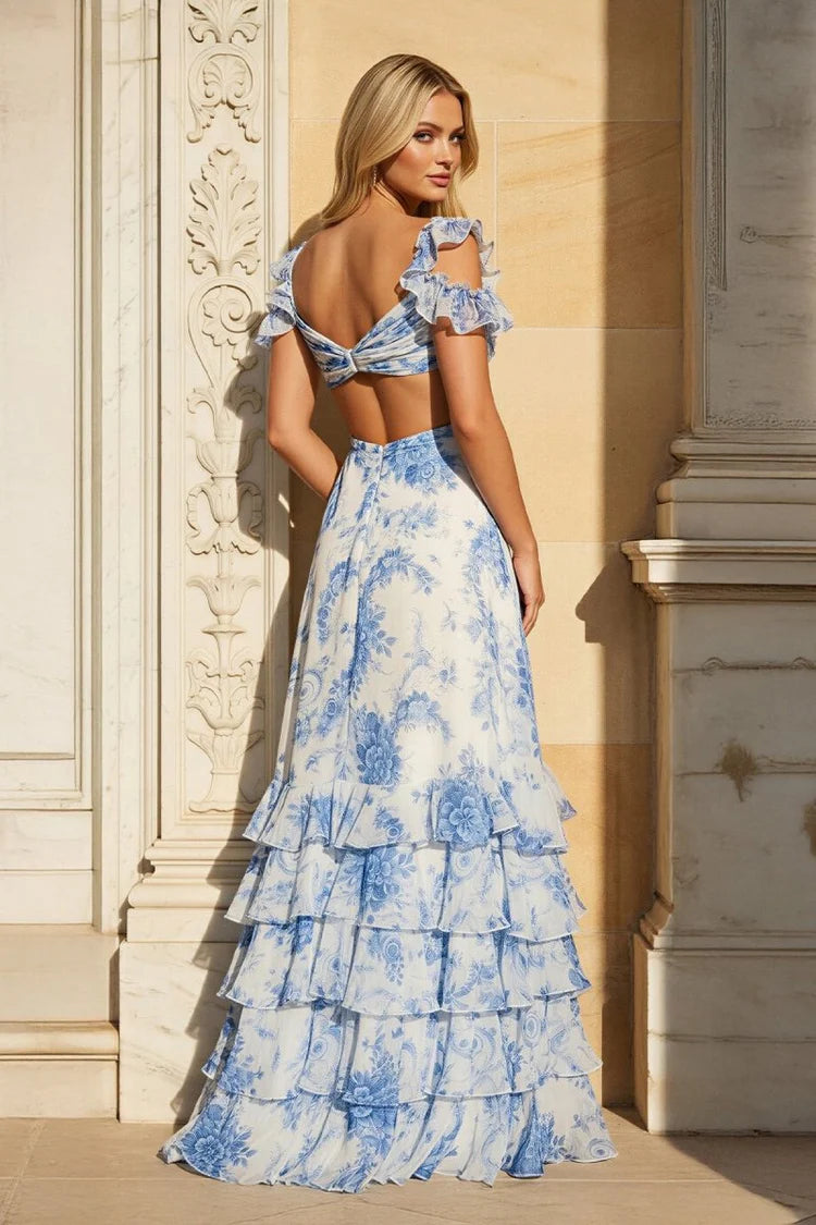 Elegant Timeless Fitted A-Line Cold Shoulder Ruffled Tiered Floor-Length Floral Print Prom Dresses
