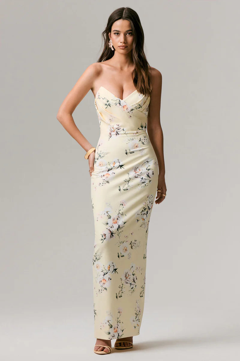 Elegant Timeless Fitted Mermaid Strapless Sleeveless Back Zipper Floor-Length Draped Floral Print Prom Dresses