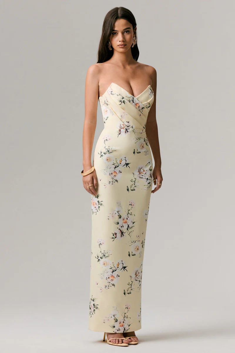Elegant Timeless Fitted Mermaid Strapless Sleeveless Back Zipper Floor-Length Draped Floral Print Prom Dresses
