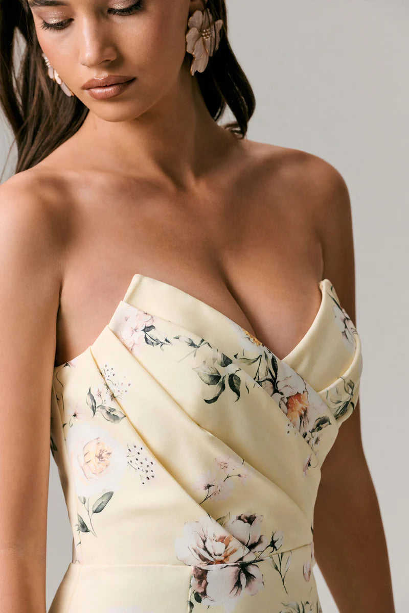 Butter Satin Floral Print Floor-Length Bridesmaid Dress with Draped Sweetheart Neckline