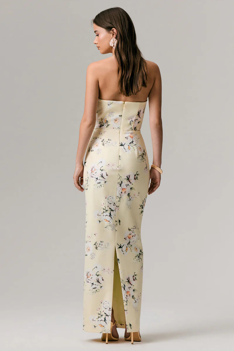 Butter Satin Floral Print Floor-Length Bridesmaid Dress with Draped Sweetheart Neckline