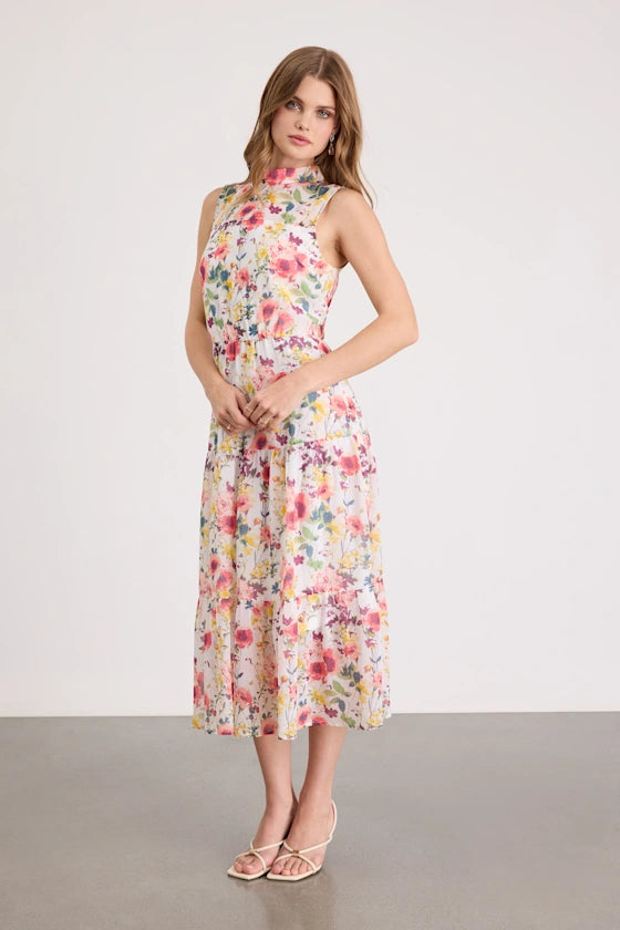 Elegant Timeless Floral Print A-Line Silhouette Mock Neck Sleeveless Tiered Ruffled Midi Prom Dress