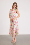 White Chiffon A-Line High-neck Midi Dress with Floral print and Tiered skirt