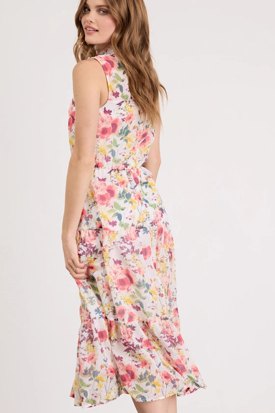 Elegant Timeless Floral Print A-Line Silhouette Mock Neck Sleeveless Tiered Ruffled Midi Prom Dress