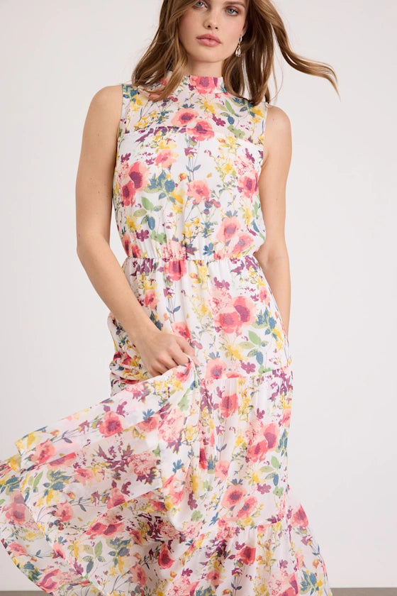 Elegant Timeless Floral Print A-Line Silhouette Mock Neck Sleeveless Tiered Ruffled Midi Prom Dress