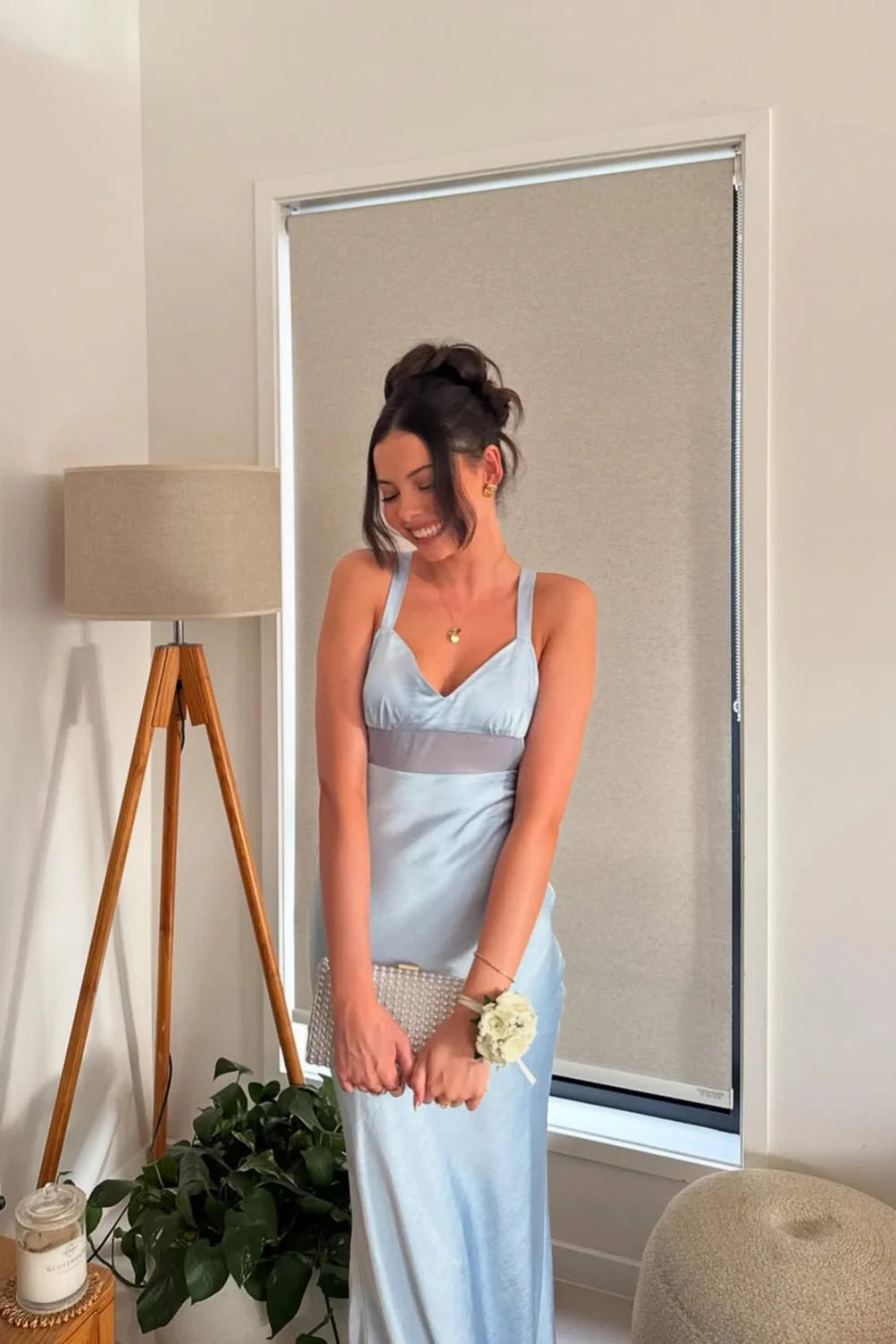 Sky Blue Satin A-Line Floor-Length Bridesmaid Dress with V-Neck & Low-Back