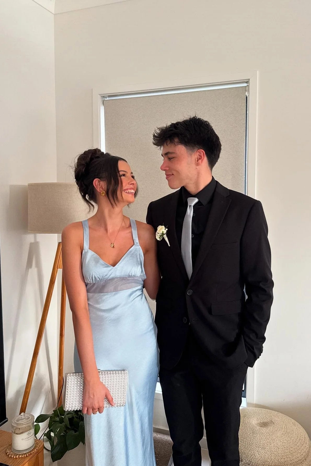 Sky Blue Satin A-Line Floor-Length Bridesmaid Dress with V-Neck & Low-Back