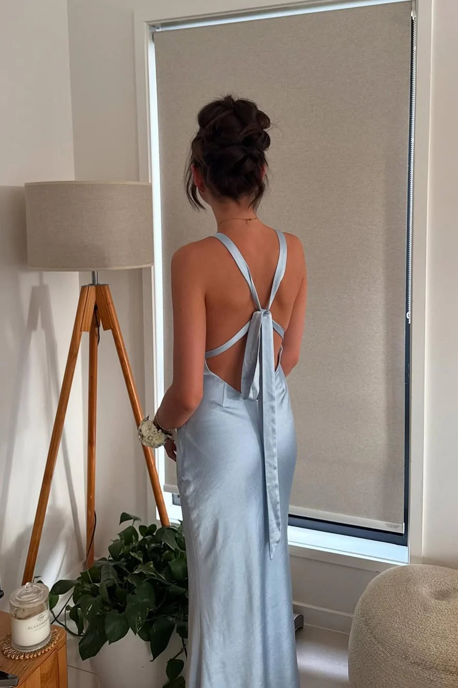 Sky Blue Satin A-Line Floor-Length Bridesmaid Dress with V-Neck & Low-Back