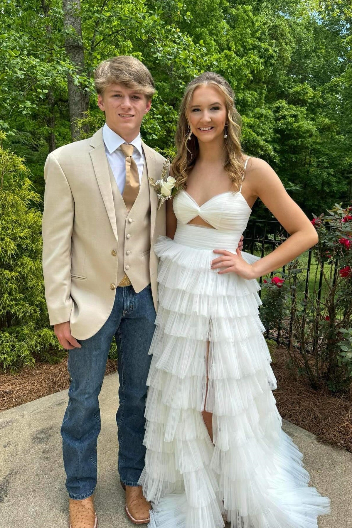 Elegant V-Neck Tiered Ruffle Prom Dress with Cutout Bodice & High Thigh Slit