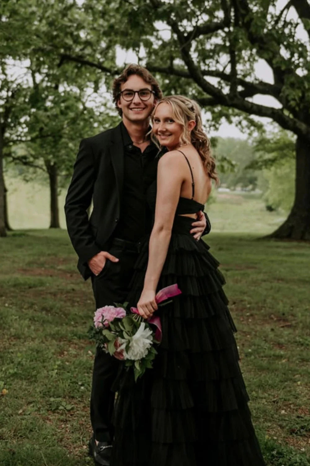 Elegant V-Neck Tiered Ruffle Prom Dress with Cutout Bodice & High Thigh Slit