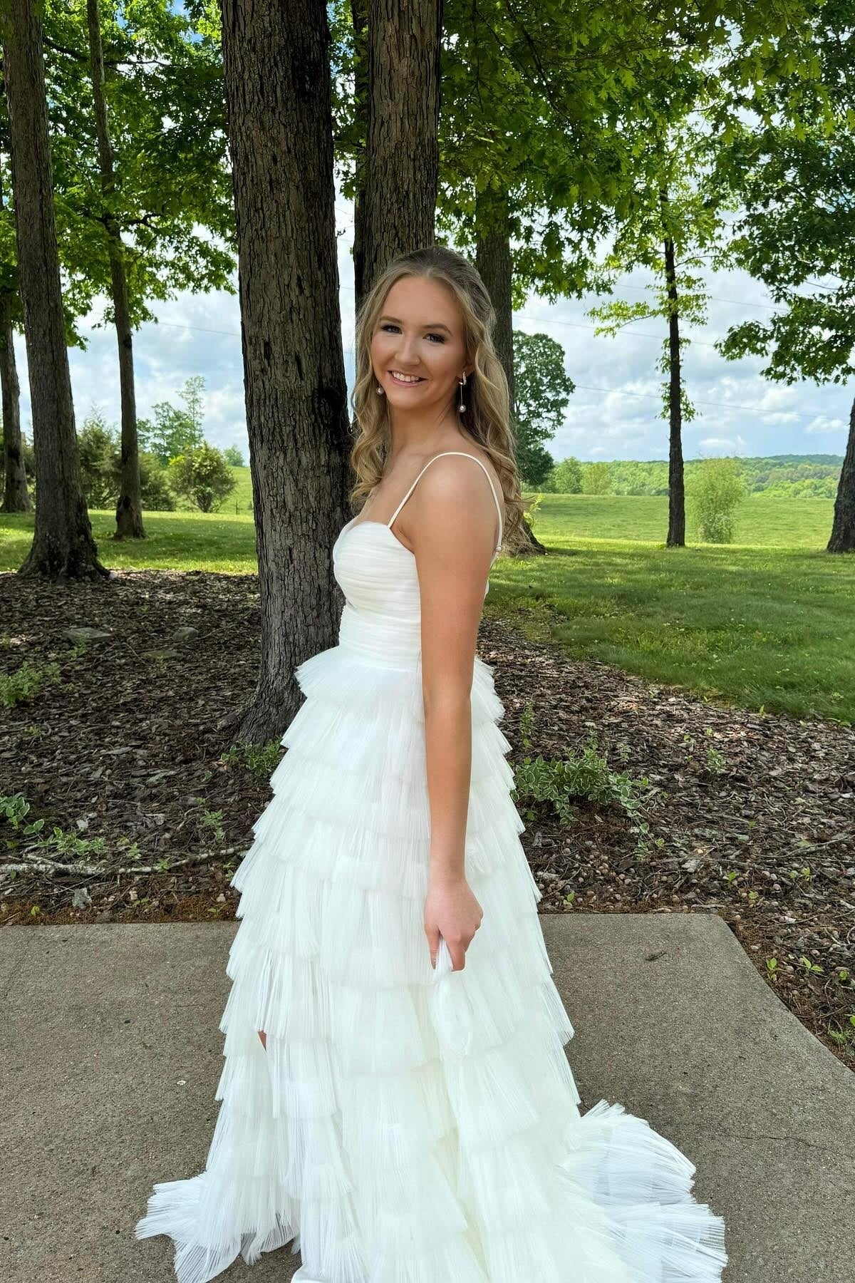 Elegant V-Neck Tiered Ruffle Prom Dress with Cutout Bodice & High Thigh Slit