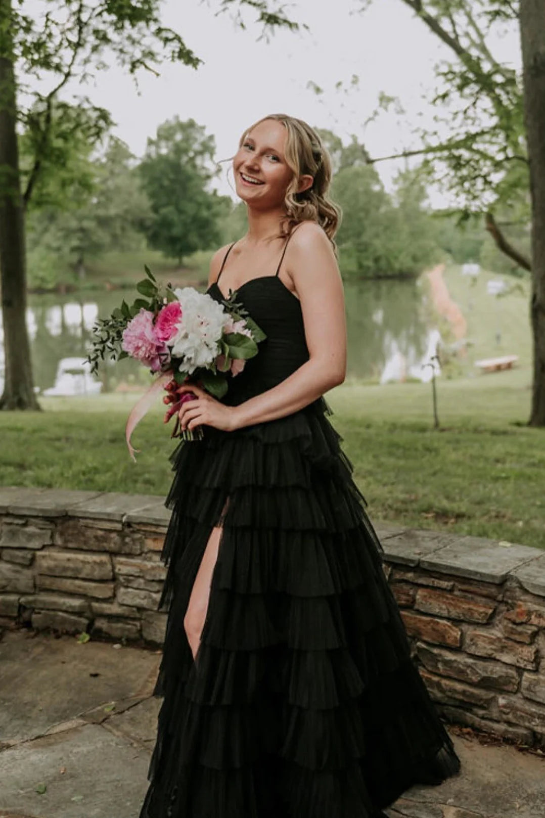 Elegant V-Neck Tiered Ruffle Prom Dress with Cutout Bodice & High Thigh Slit