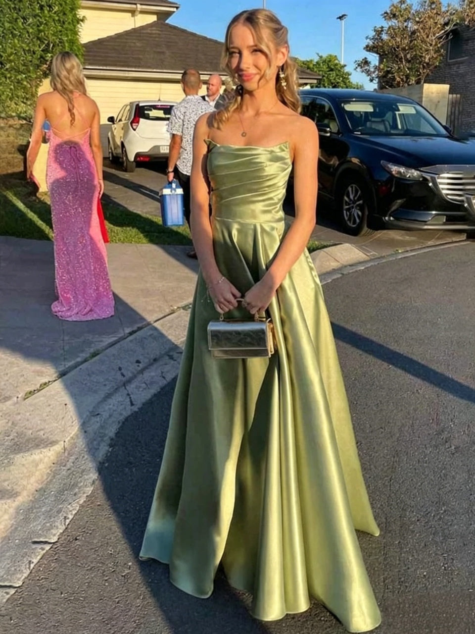 Elegant Voluminous A-Line Strapless Sleeveless Corset Lace-Up Back Floor-Length Satin Evening Dresses