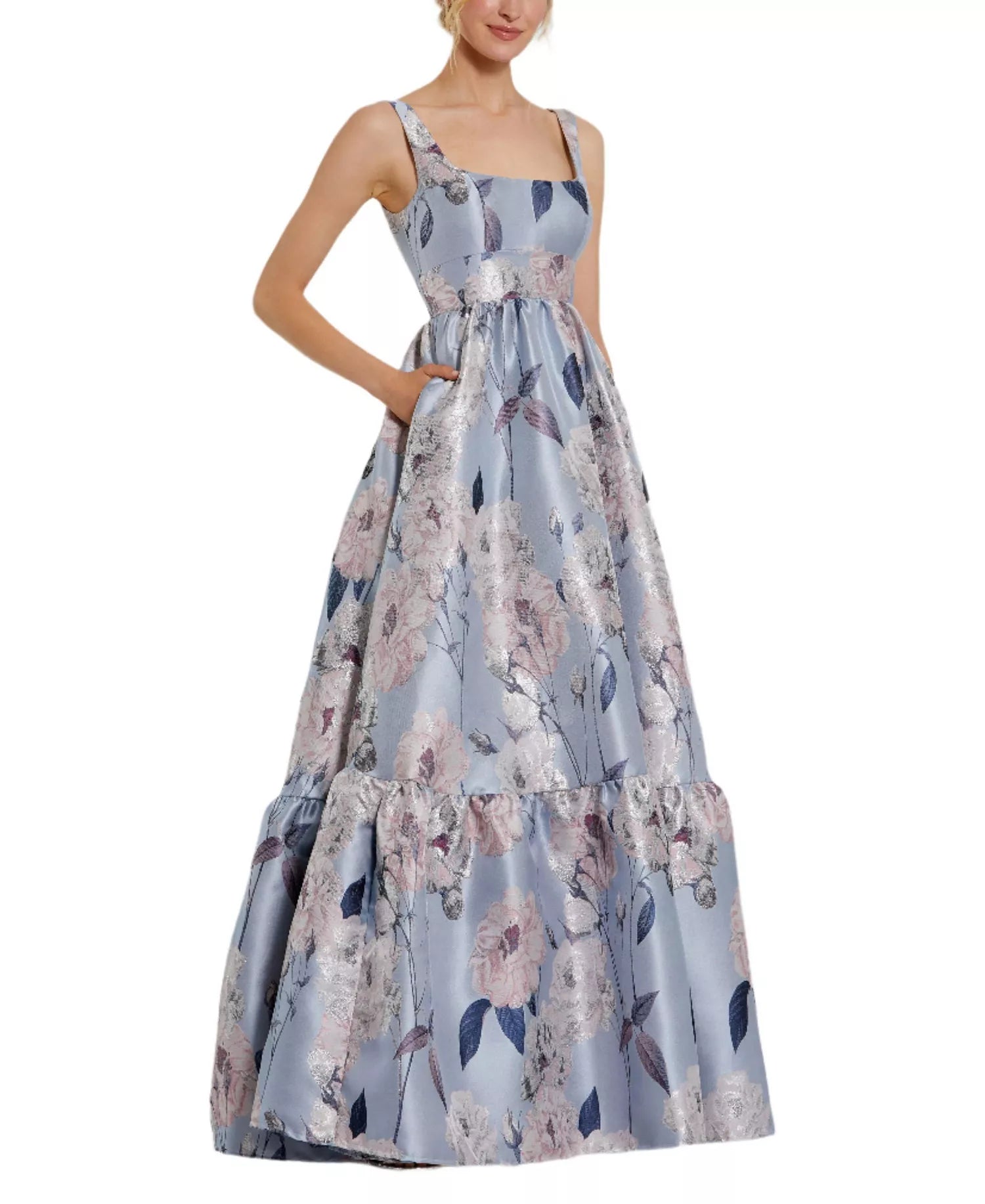 Elegant Voluminous Ball Gown Square Neck Sleeveless Open Back Tiered Maxi Prom Dress