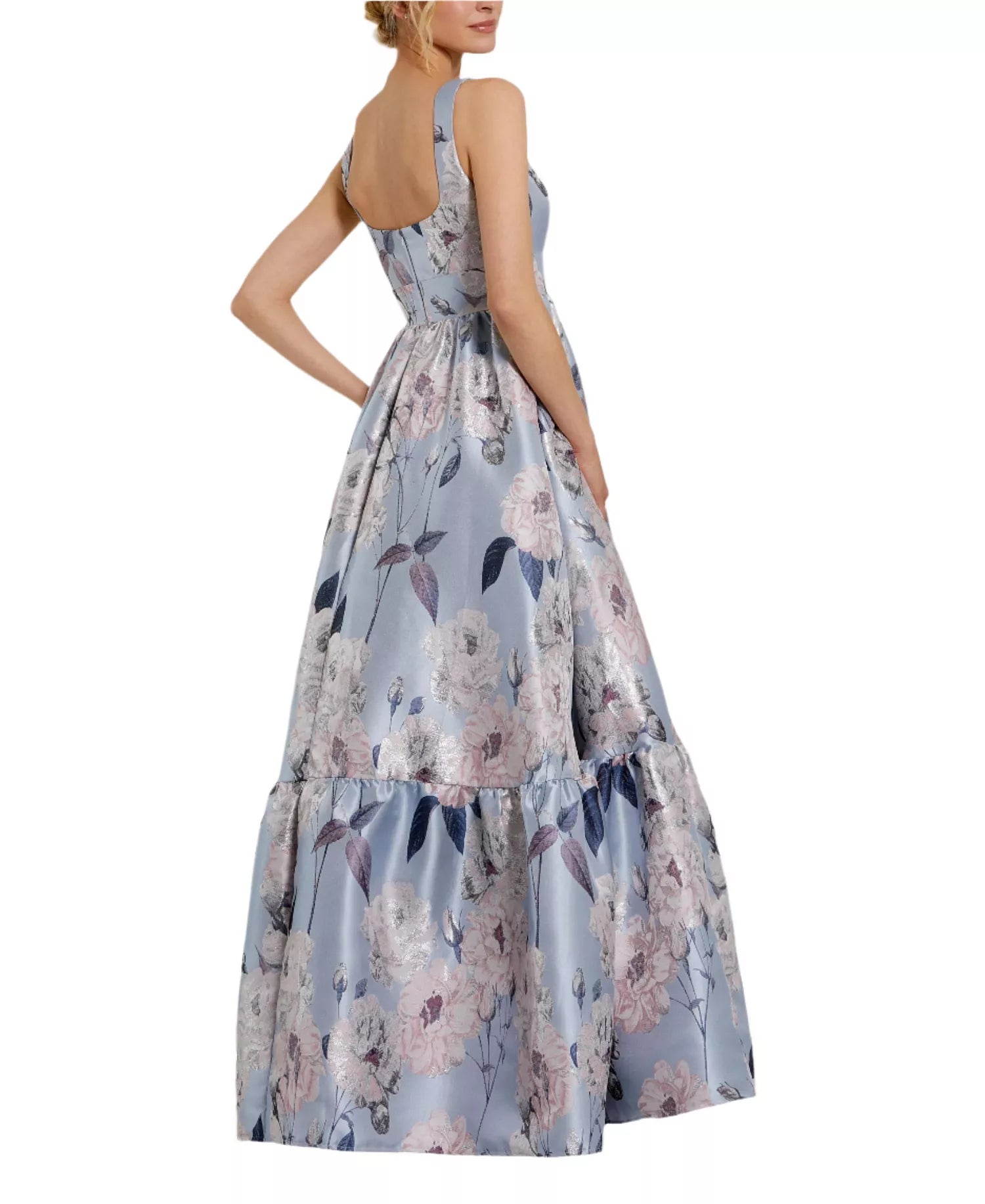 Elegant Voluminous Ball Gown Square Neck Sleeveless Open Back Tiered Maxi Prom Dress