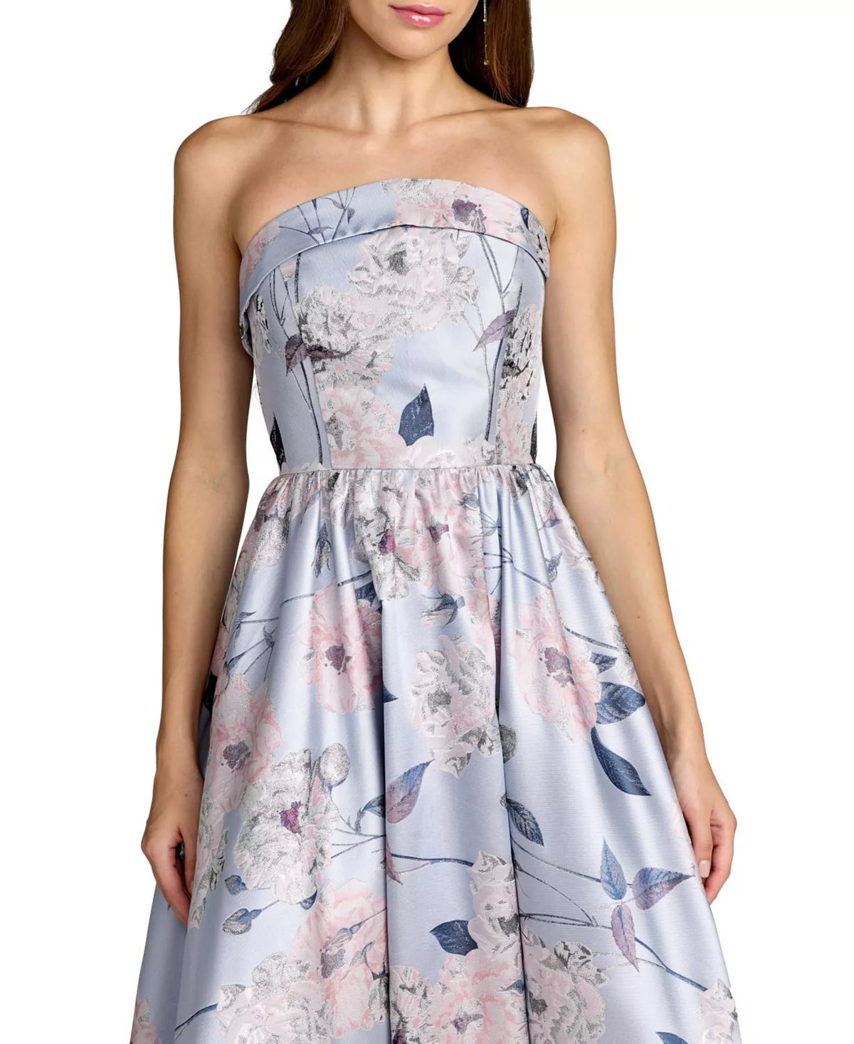 Dusty Blue Floral Print Satin A-Line Floor-Length Bridesmaid Dress