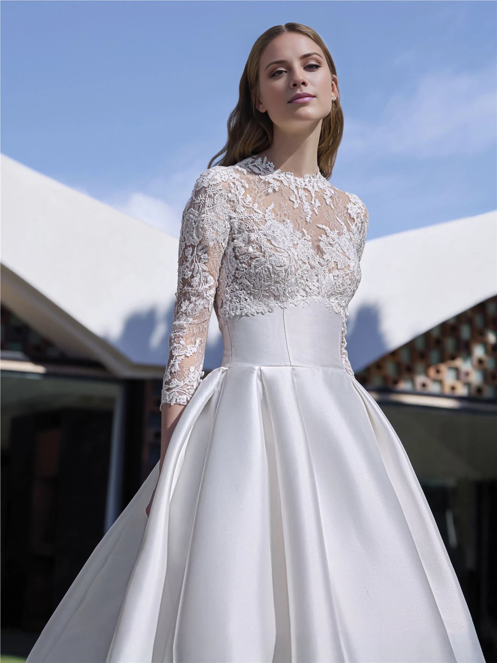 Elegant White Lace High Neck Long Sleeve Button Ball Gown Winter Wedding Dress