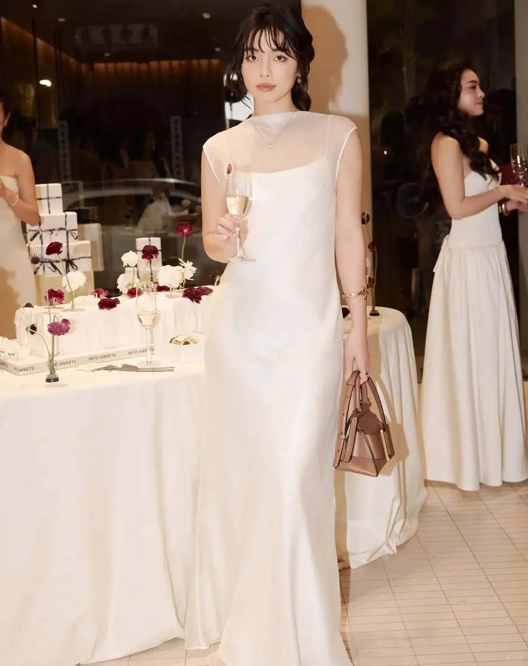 Elegant White Mermaid Sheer High Neck Cap Sleeve V Back Floor Length Evening Dresses