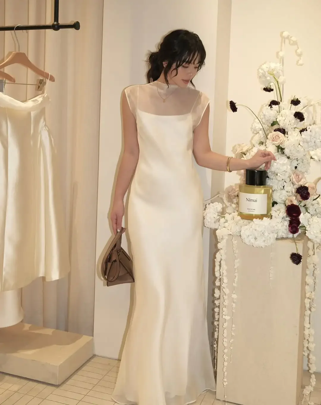 Elegant White Mermaid Sheer High Neck Cap Sleeve V Back Floor Length Evening Dresses