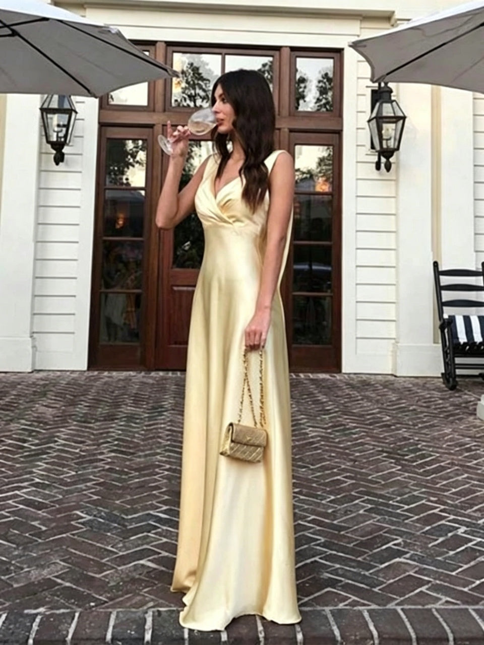 Elegant Yellow Satin Sleeveless V-Neck Deep V-Back Floor-Length Evening Dresses