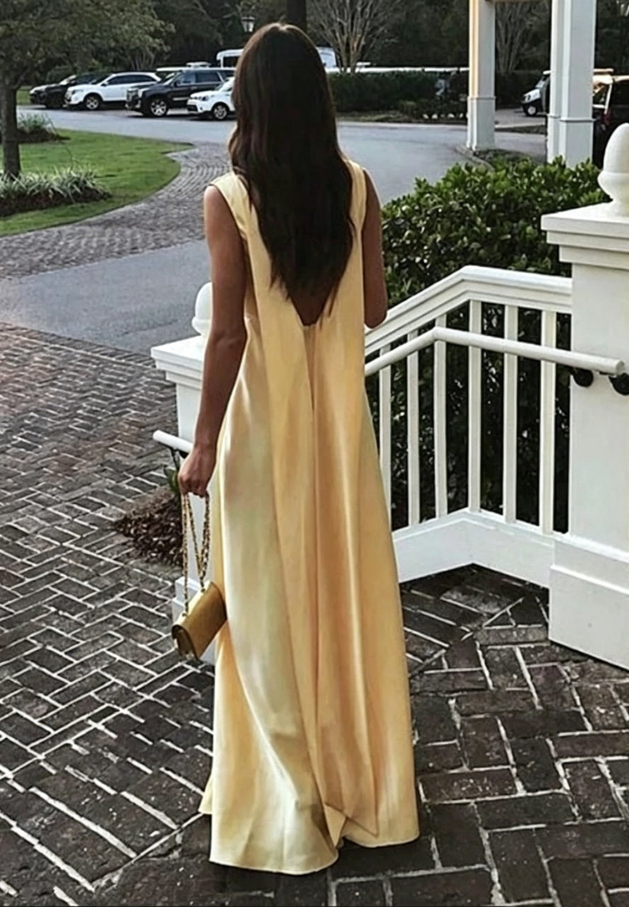Elegant Yellow Satin Sleeveless V-Neck Deep V-Back Floor-Length Evening Dresses