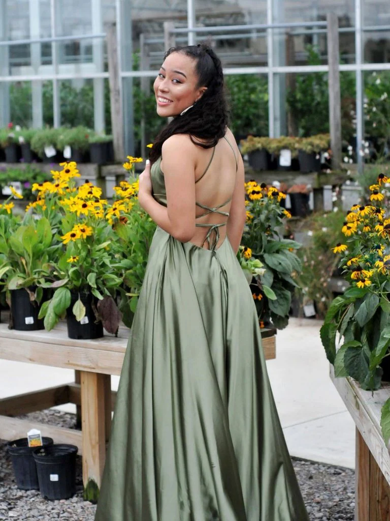 Elegant A-Line Square Neck Spaghetti Strap Lace-Up Back Floor Length Evening Dress