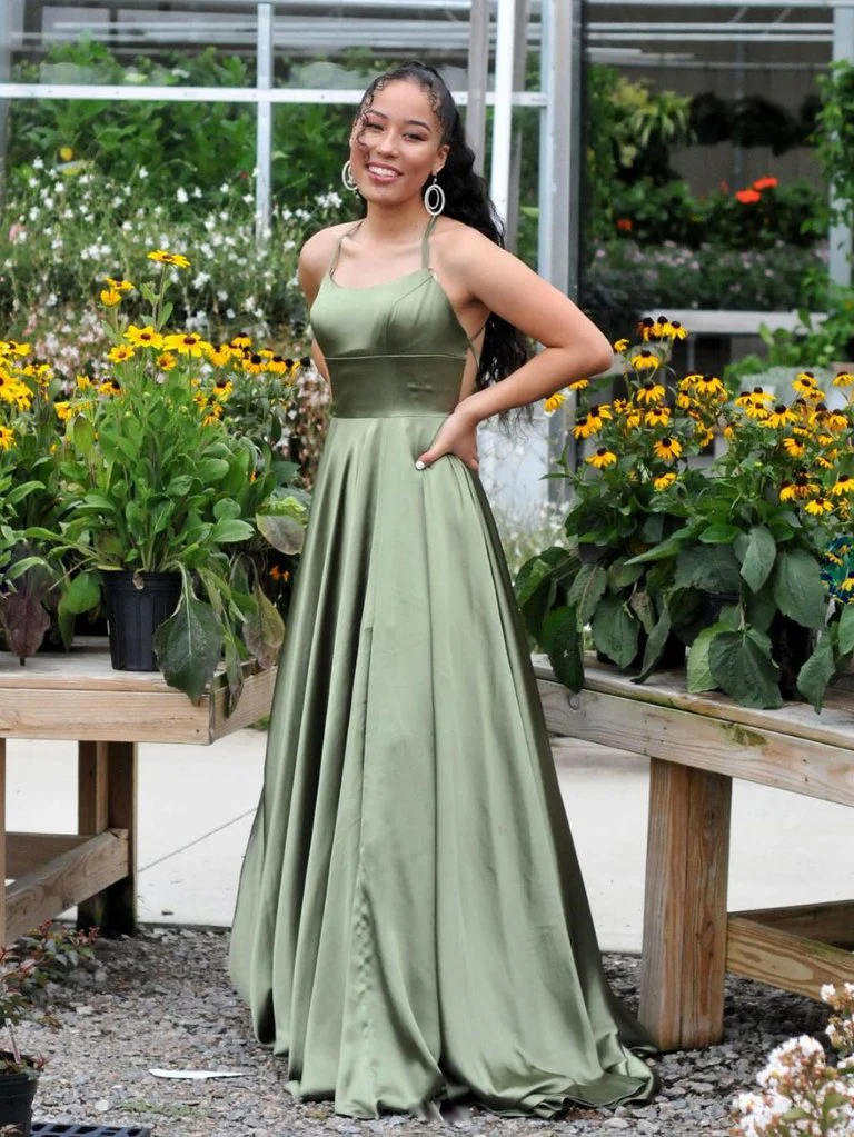 Elegant A-Line Square Neck Spaghetti Strap Lace-Up Back Floor Length Evening Dress