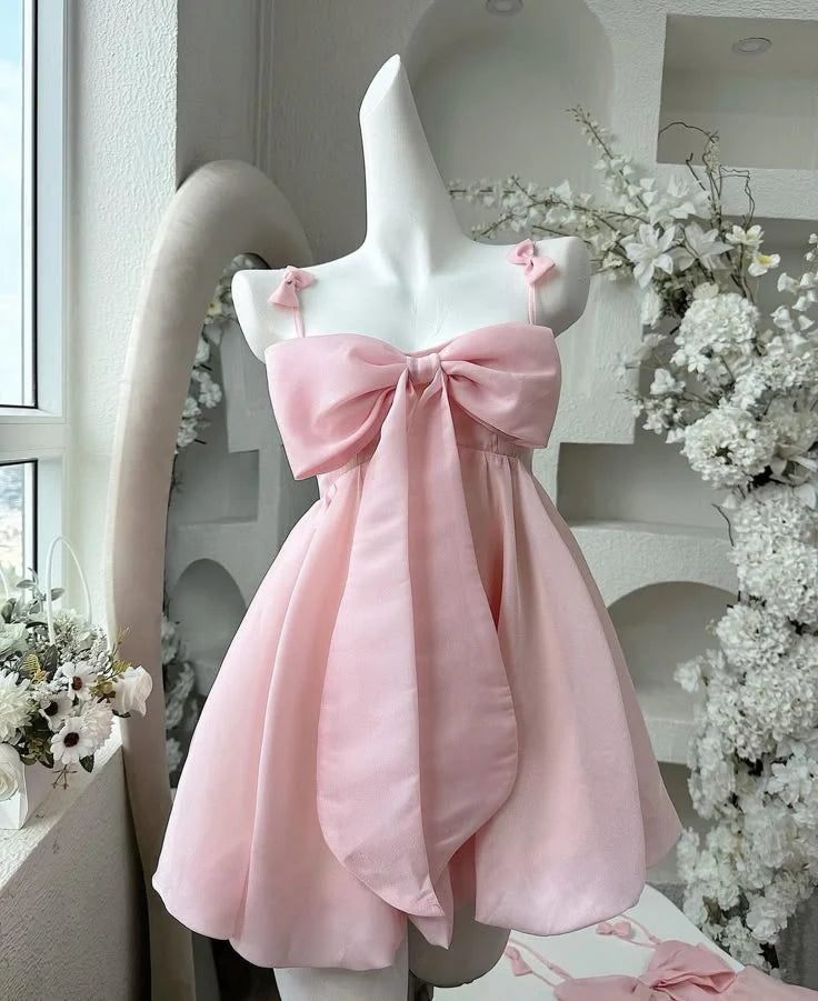 Elegant A-Line Sweetheart Spaghetti Straps Zipper Back Short Mini Pink Bow-Knot Homecoming Dresses