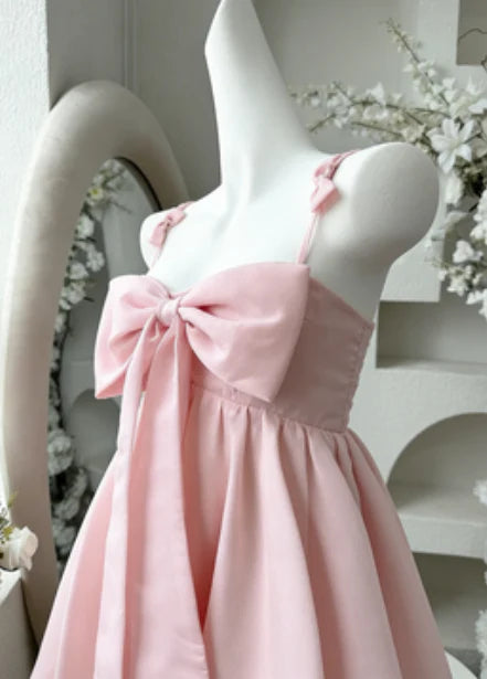 Elegant A-Line Sweetheart Spaghetti Straps Zipper Back Short Mini Pink Bow-Knot Homecoming Dresses