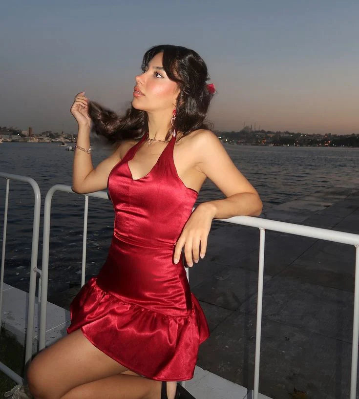 Elegant A-Line V-Neck Halter Sleeveless Open Back Mini Homecoming Dresses