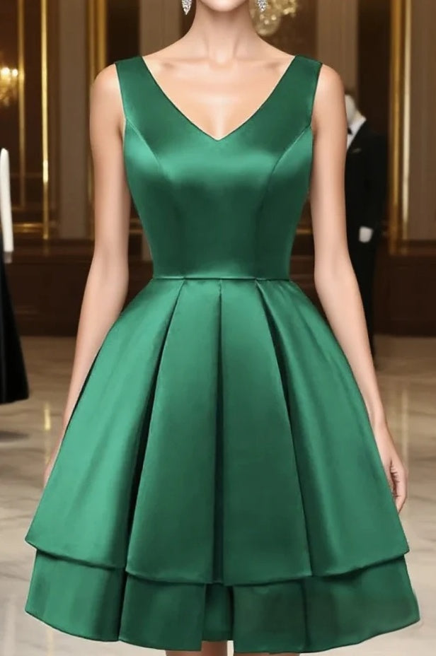Elegant A-Line V-Neck Sleeveless V-Back Short Tiered Satin Homecoming Dresses