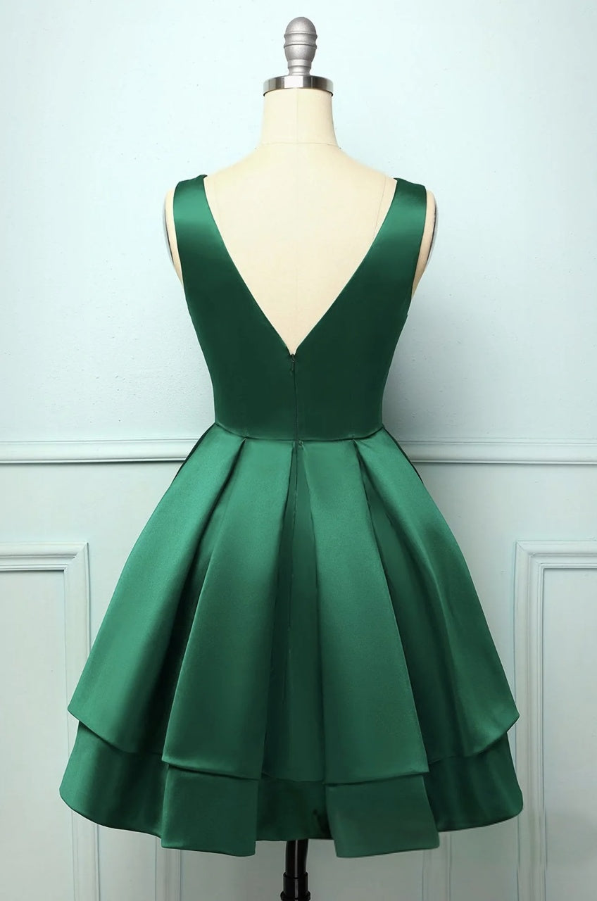 Elegant A-Line V-Neck Sleeveless V-Back Short Tiered Satin Homecoming Dresses