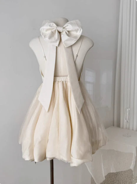 Elegant A-Line V-Neck Spaghetti Strap Open Back Mini Puffy Skirt Bow Tie Homecoming Dresses