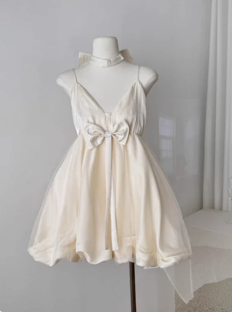 Elegant A-Line V-Neck Spaghetti Strap Open Back Mini Puffy Skirt Bow Tie Homecoming Dresses