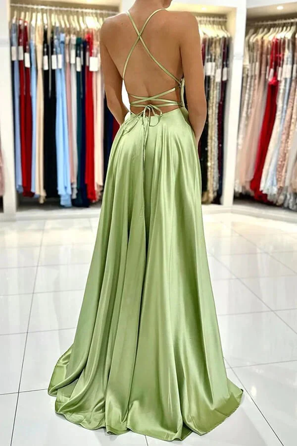 Elegant A Line Square Neck Spaghetti Strap Lace Up Back High Slit Floor Length Evening Dresses