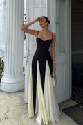 Black Crepe A-Line Floor-Length Evening Dress with Sweetheart Neckline & Contrasting Panel Skirt