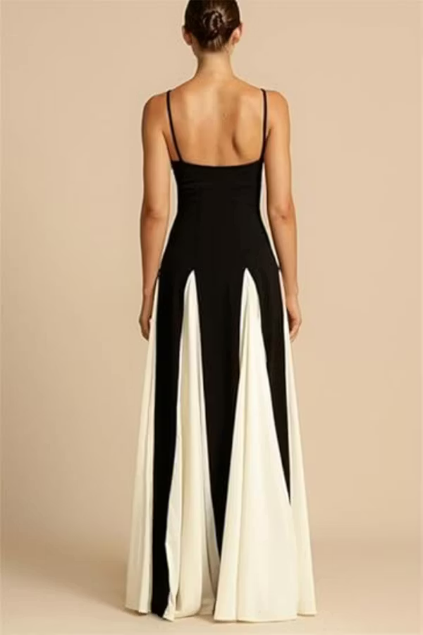 Black Crepe A-Line Floor-Length Evening Dress with Sweetheart Neckline & Contrasting Panel Skirt