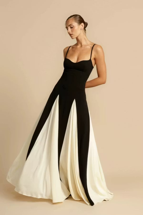 Black Crepe A-Line Floor-Length Evening Dress with Sweetheart Neckline & Contrasting Panel Skirt