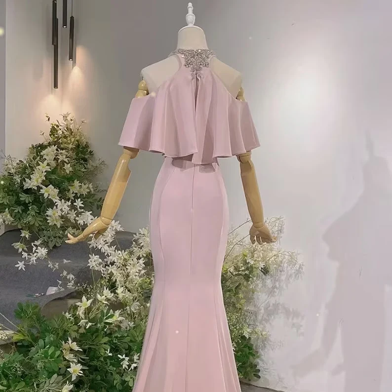 Elegant Mermaid Evening Gown Jewel Neck Ruffle Cold Shoulder Beaded Floor Length Dresses