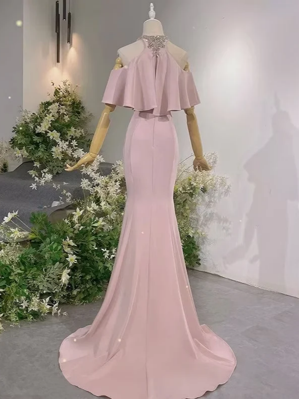 Elegant Mermaid Evening Gown Jewel Neck Ruffle Cold Shoulder Beaded Floor Length Dresses