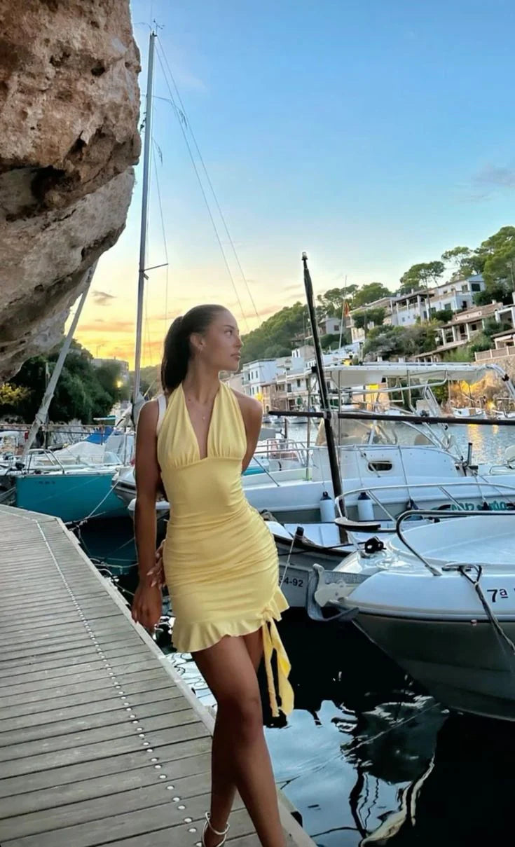 Yellow Halter Neckline Ruched Short Dress
