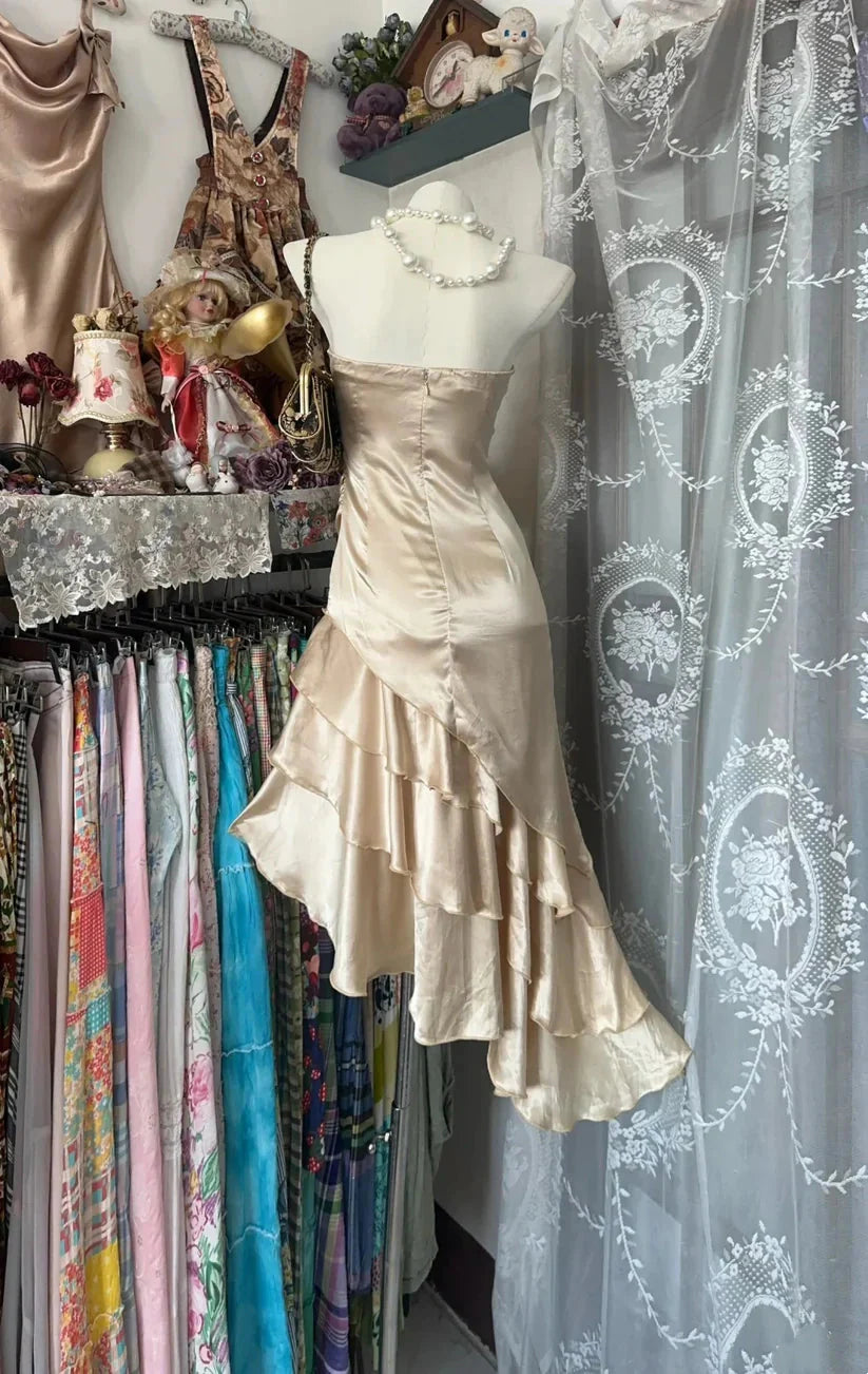 Elegant Ruched Strapless Sleeveless Zipper Back Asymmetrical Ruffled High-Low Champagne Homecoming Dresses