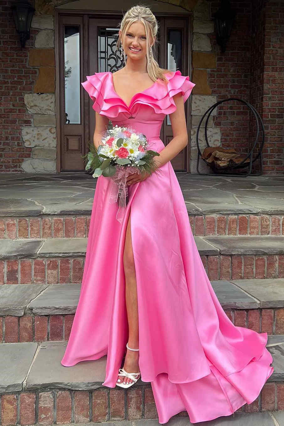 Elegant Satin A-Line One-Shoulder Ruffle-Sleeve Low-Back Floor Length Evening Dress