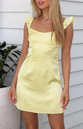 Yellow Satin A-Line Square Neck Short Dress with Ruffled straps + Side slit