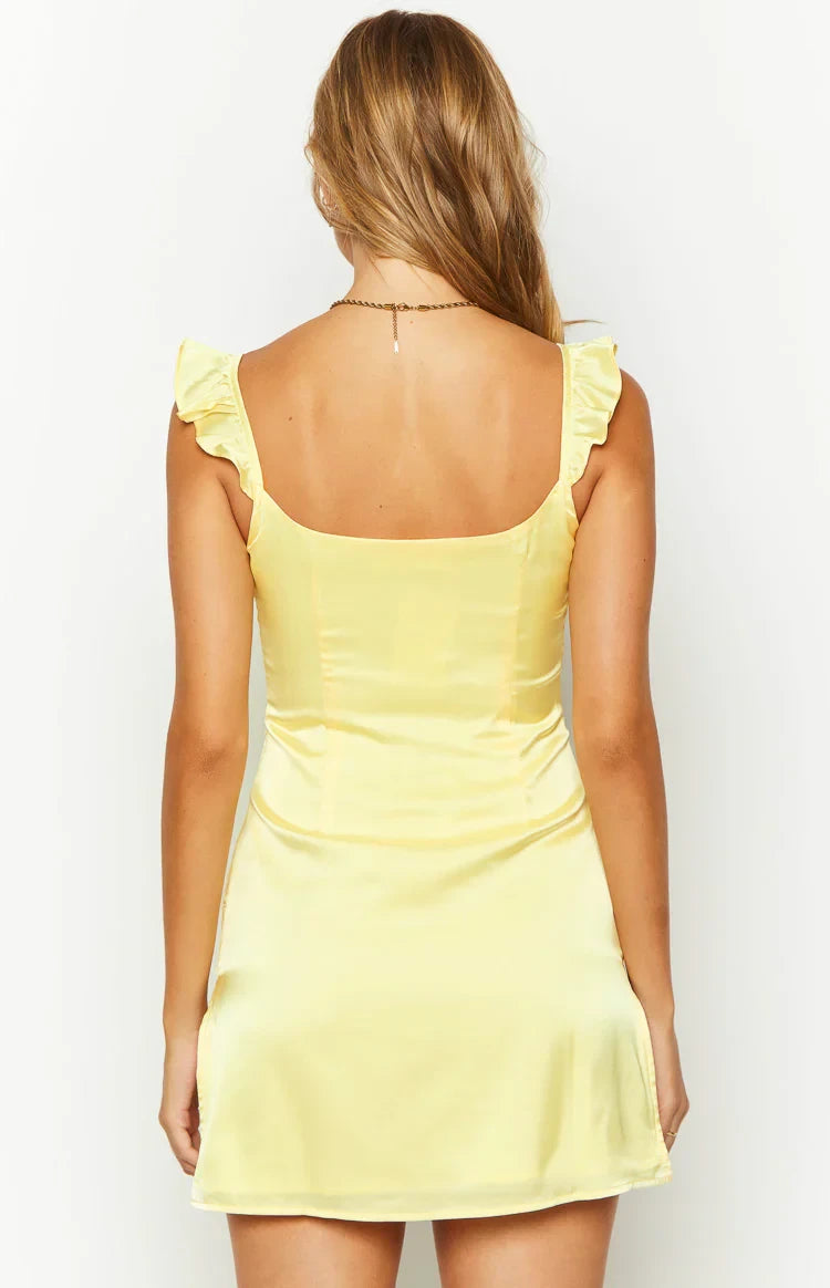 Yellow Satin A-Line Square Neck Short Dress with Ruffled straps + Side slit