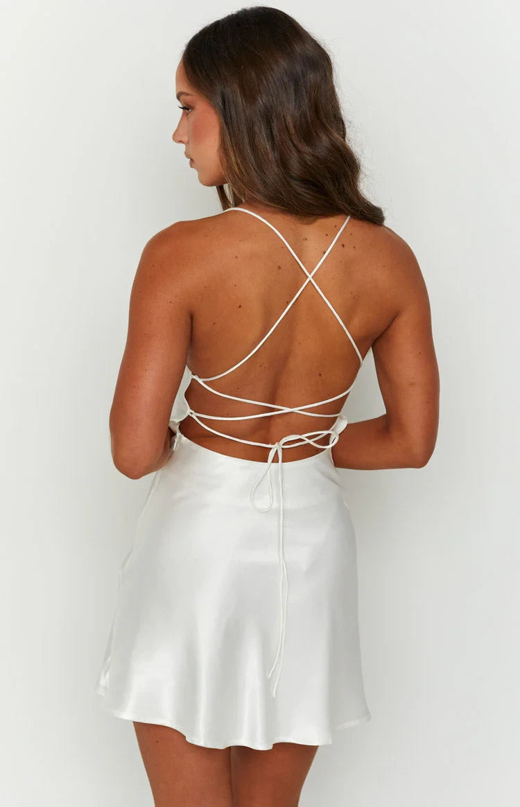 Elegant Silky A-line Cowl Neck Sleeveless Criss-Cross Back Mini Homecoming Dresses