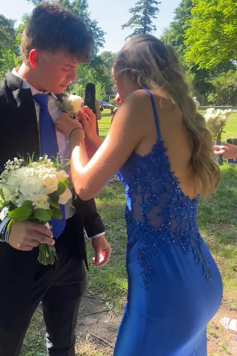 Elegant V-Neck Satin Mermaid Prom Dress with Lace Appliqué & Low Open Back