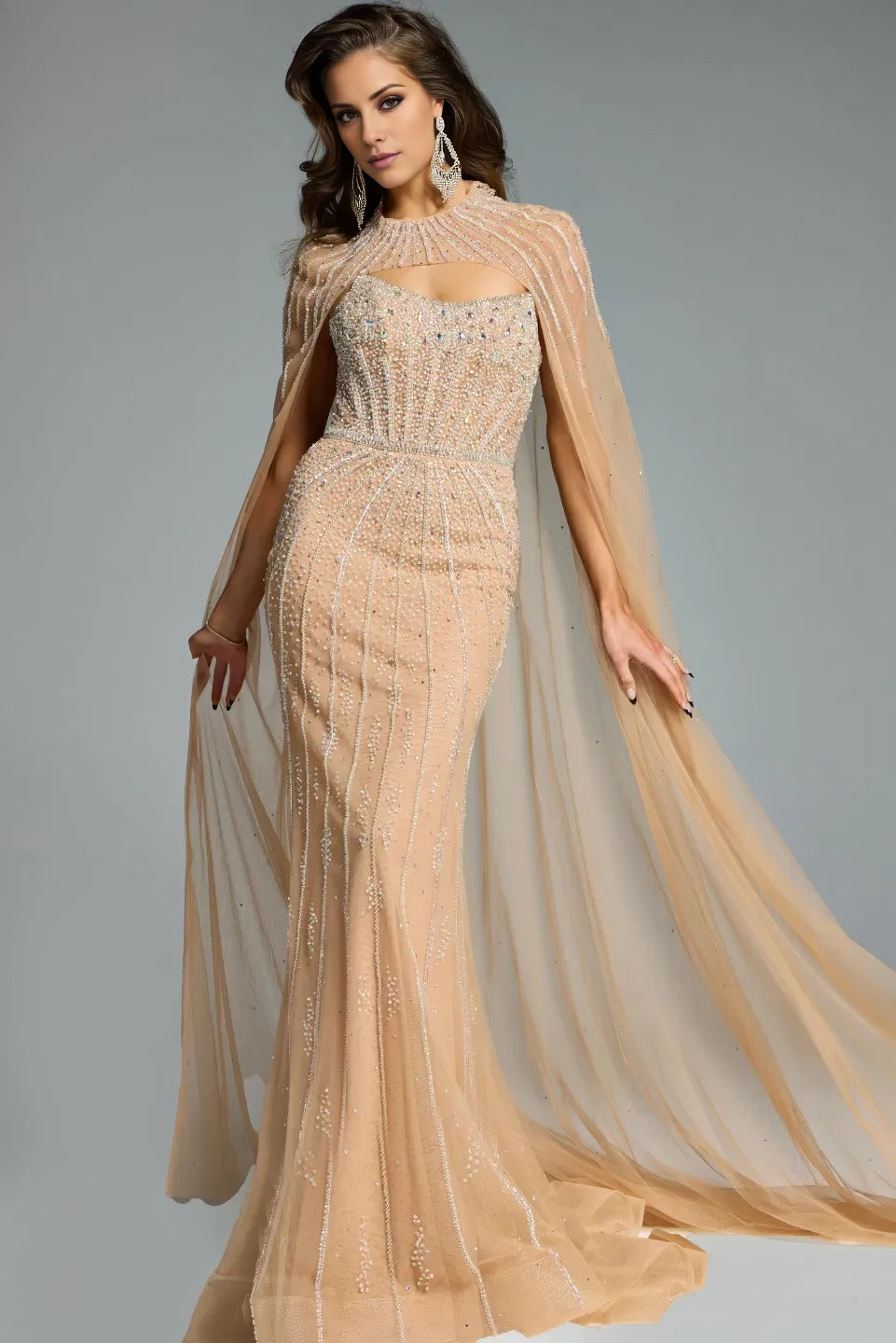 Elegant cape sweetheart neckline beaded tight corset mermaid and floor length evening dress