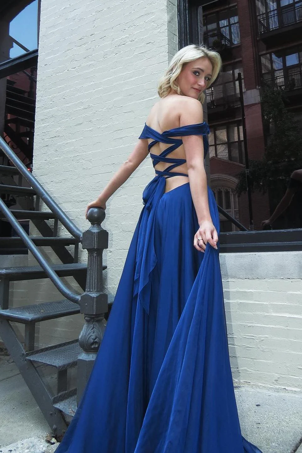 Elegant chiffon A-line off-the-shoulder plunge-neck lace-up-back floor-length evening dresses