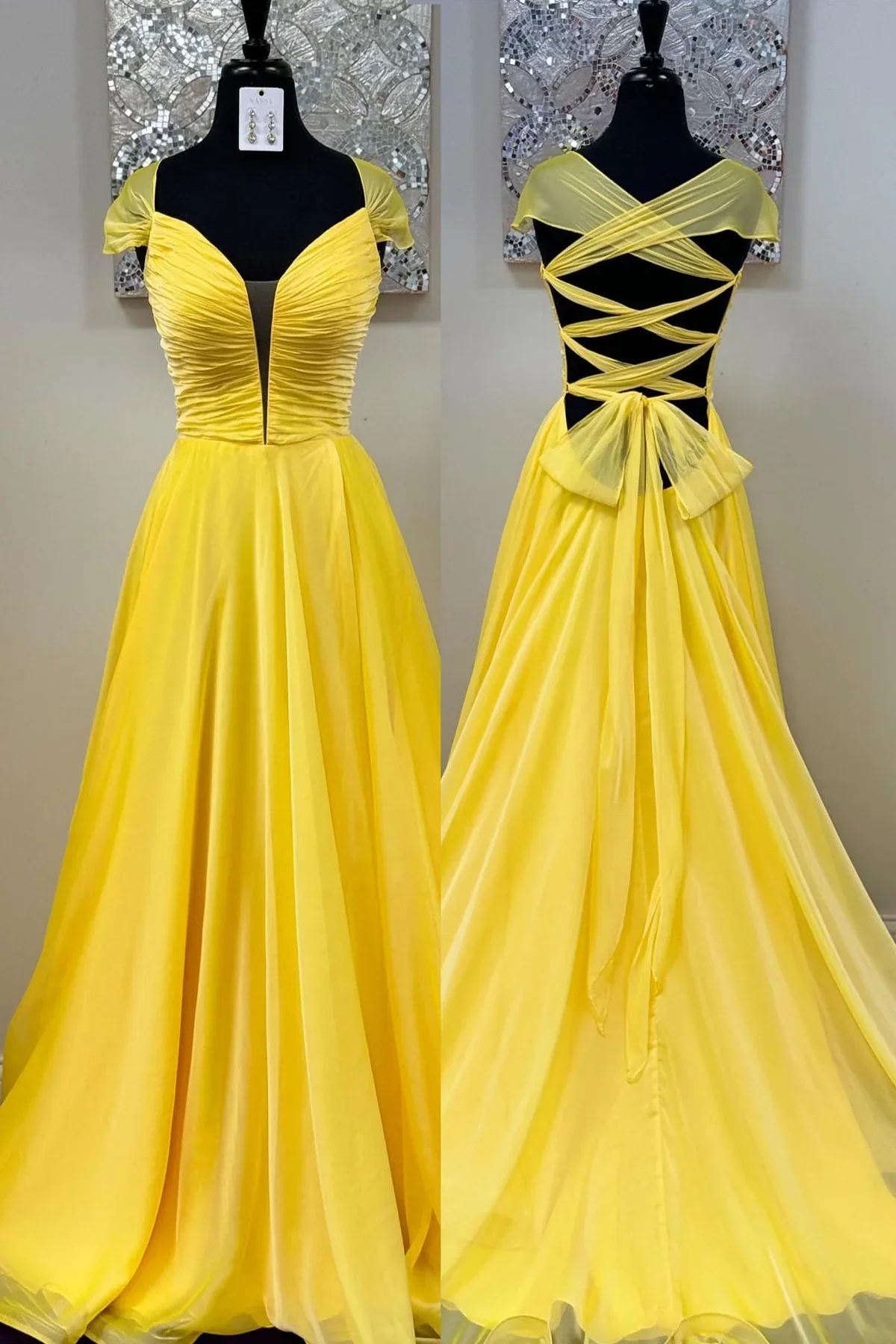 Elegant chiffon A-line off-the-shoulder plunge-neck lace-up-back floor-length evening dresses